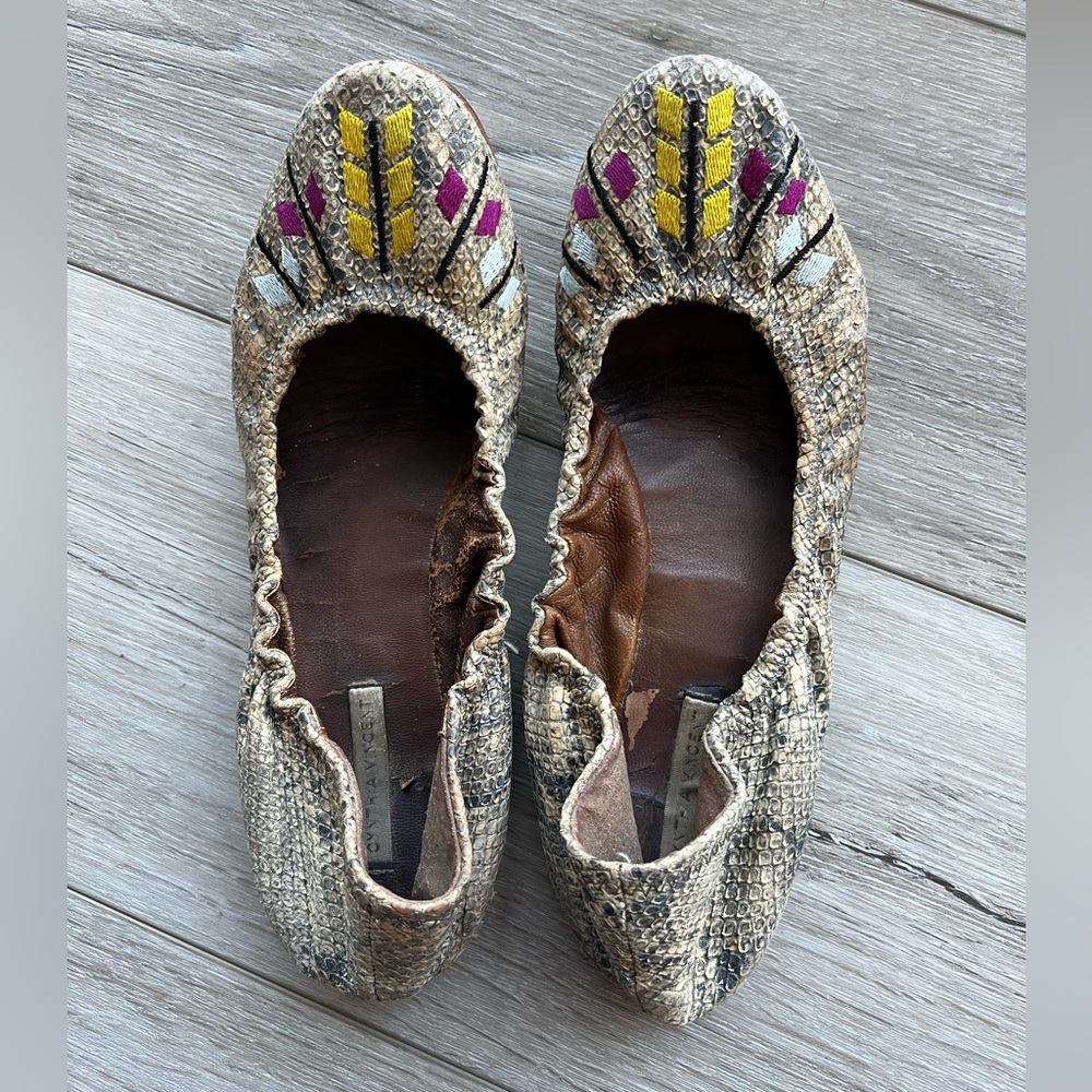 Cynthia Vincent Snakeskin and Embroidered Flats